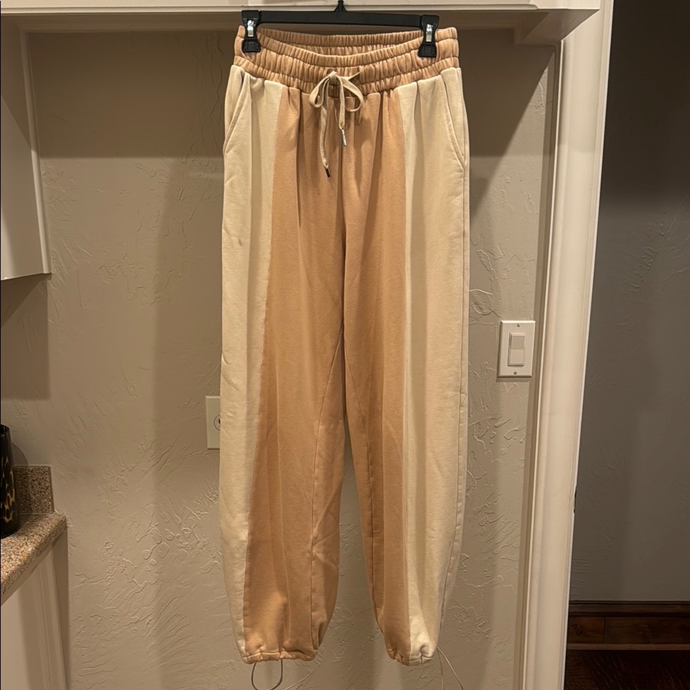 Two-Tone Beige & Cream Drawstring Joggers